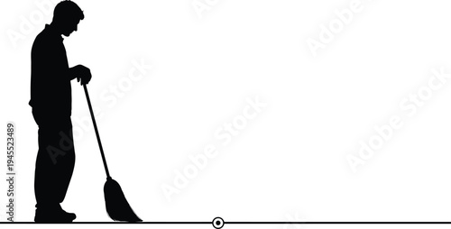 Man sweeping floor with broom silhouette black white