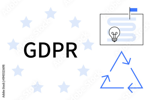 GDPR concept. GDPR focuses on data privacy and compliance. Visual elements include a circular star layout the EU, recycling arrows, and project roadmap. Ideal for legal, tech, data security