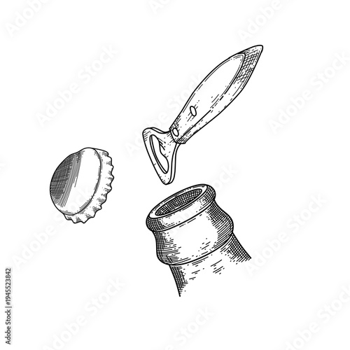 hand drawn bottle opener with glass bottle cap line art vector illustration