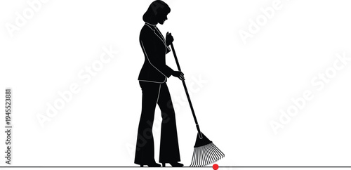 Woman in business suit silhouette holding broom and sweeping red ball