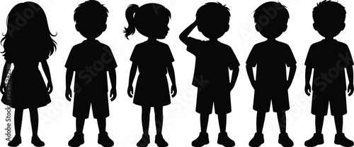 Black silhouette illustration of six children standing side by side in diverse poses, representing youth, diversity, and inclusivity in simple expressive design