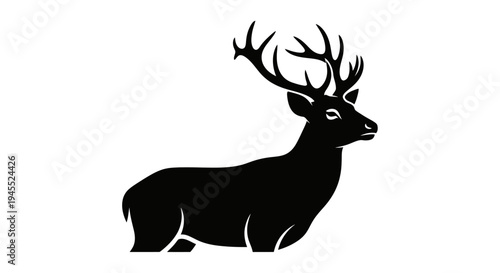 Majestic Black Deer Silhouette with Antlers on White Background