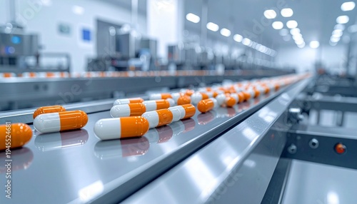 A pharmaceutical manufacturing facility with conveyor belt transporting orange and white capsules, sterile environment, bright lighting, symbolizing industrial medication production, automation, and h