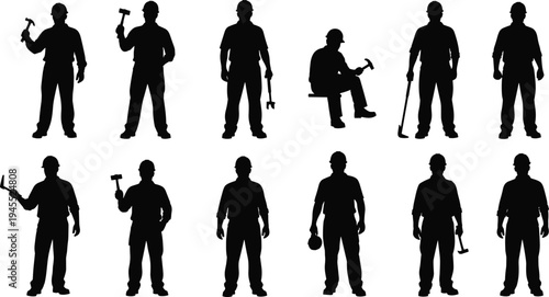 Set of construction worker silhouettes holding hammer and tools, builder handyman laborer poses, industrial workforce collection isolated on white background for engineering and repair concepts