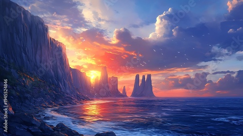 Dramatic sunset over ocean and rock formations creating a scenic landscape