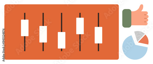Investment trends, trading strategies, financial analysis, economic data, decision-making, market monitoring. Candlestick chart with thumbs-up and pie chart. Investment trends and trading strategies