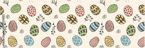 Seamless pattern with cute hand drawn easter eggs and spring flowers. A template for a banner with spring holiday greetings. Perfect for wrapping, and spring.