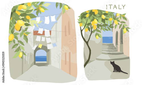 Italy-- streets and sea view, old city. Cityscape, small Italian town, Black cat looking at the sea. Vector illustration, postcard, hand drawn author's drawing.