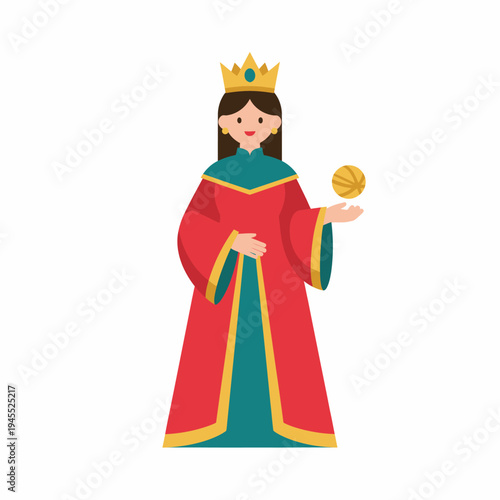 Queen with Ball in Cartoon Style on White Background