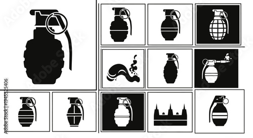 Explosive Grenade Vector Icons Set - Military Weapon Silhouettes