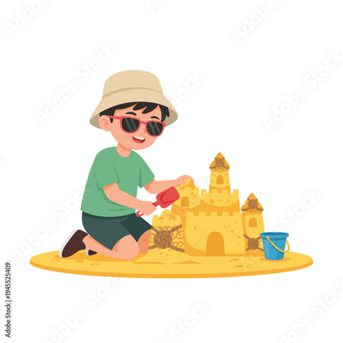 Sandcastle Building by a Boy with a Shovel on Beach