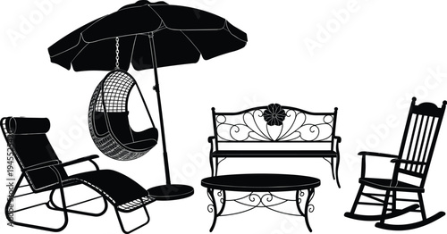 Black silhouette illustration of outdoor furniture including lounge chair, egg chair with umbrella, wrought iron bench, coffee table, and rocking chair for patio decor