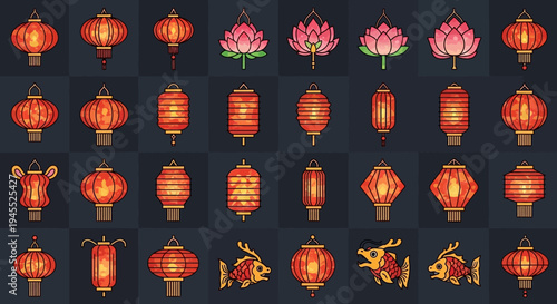Pixel Art Chinese Lanterns and Lotus Flowers Collection