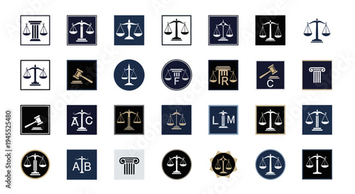 Law Scales Icons Collection: Justice, Legal, Law Firm, Court, Gavel, Pillar, Alphabet Logos