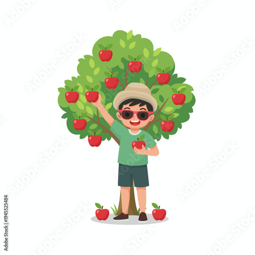 Boy Picking Ripe Apples from Tree in Orchard 60 70 Chars