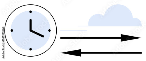 Time management, speed, scheduling, efficiency, productivity workflow. Clock with arrows and clouds movement. Time management and speed concept. Line metaphor. Simple line icons
