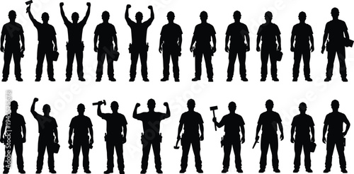Set of construction worker silhouettes holding tools and helmets in different poses isolated on white background representing labor, industry, engineering workforce and building profession concept