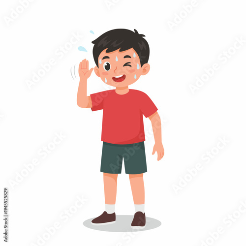 Sweating Boy Cartoon Character Feeling Hot Cooling Off