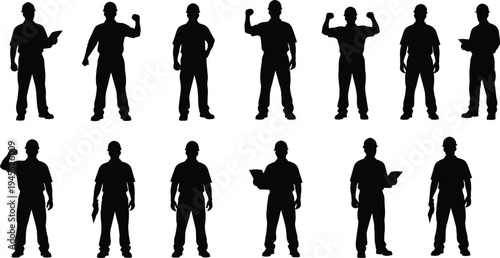 Set of construction worker silhouettes with clipboard tools and confident poses, industrial labor team characters isolated on white for engineering, building, workforce concepts