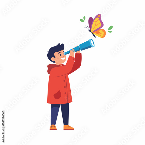 Boy Watching Butterfly Through Telescope Illustration