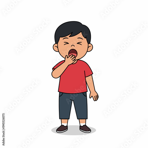 Yawning Little Boy Covering Mouth with Hand Standing