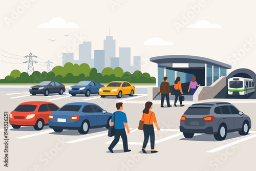 Flat vector illustration of commuters parking their cars in a lot to take the subway train to work, featuring people walking towards a modern station entrance with a city skyline background.