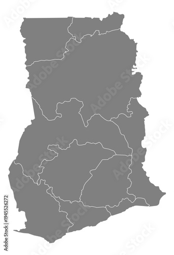Ghana grey fill with white state borders map vector graphic illustration geography silhouette shape national border design isolated transparent background political territory cartography atlas eps