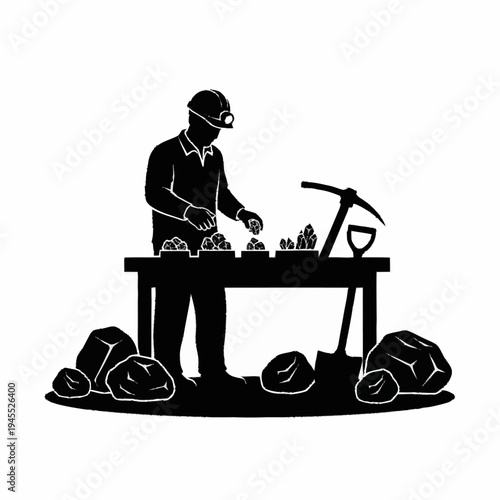 Miner Examining Gold Nuggets on Table with Tools.