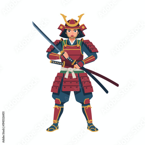 Samurai Woman Warrior in Armor Holding Sword Illustration