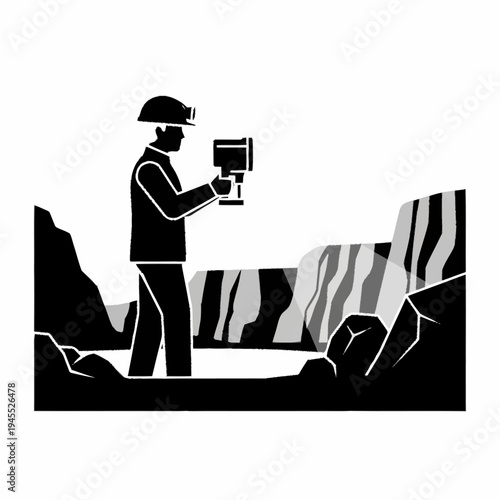 Miner holding scanner in cave exploring geological formations.