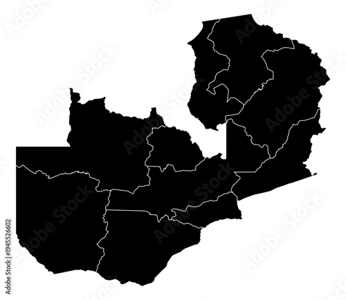 Zambia black fill with white state borders map vector graphic illustration geography silhouette shape national border design isolated transparent background political territory cartography atlas eps