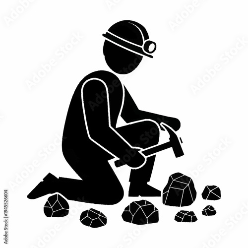 Miner working with hammer and rocks.