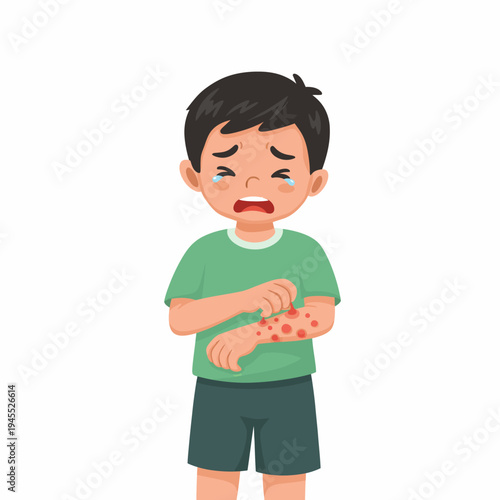 Boy Itching Arm with Rash in Cartoon Style Illustration
