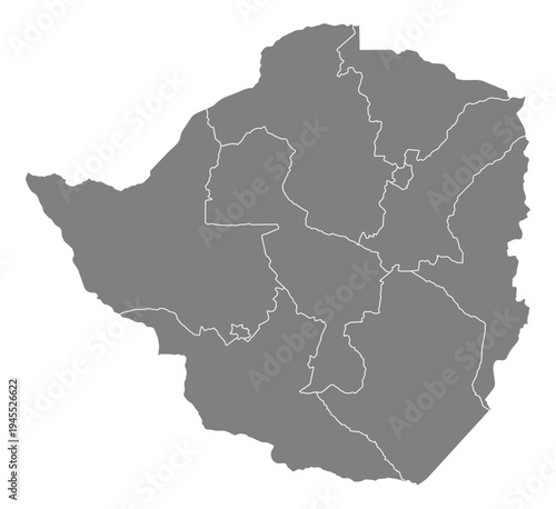 Zimbabwe grey fill with white state borders map vector graphic illustration geography silhouette shape national border design isolated transparent background political territory cartography atlas eps