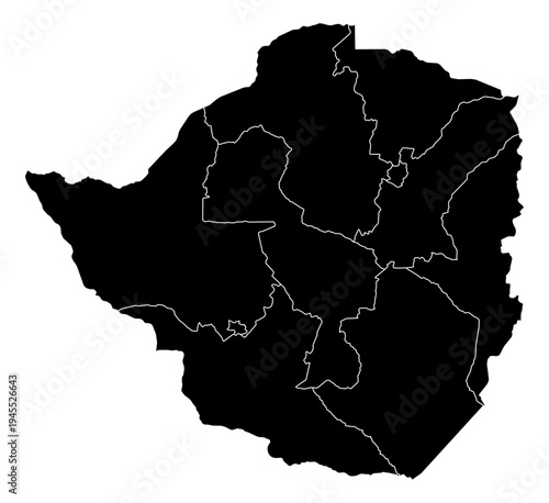 Zimbabwe black fill with white state borders map vector graphic illustration geography silhouette shape national border design isolated transparent background political territory cartography atlas