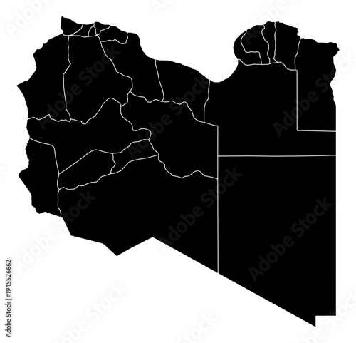 Libya black fill with white state borders map vector graphic illustration geography silhouette shape national border design isolated transparent background political territory cartography atlas eps