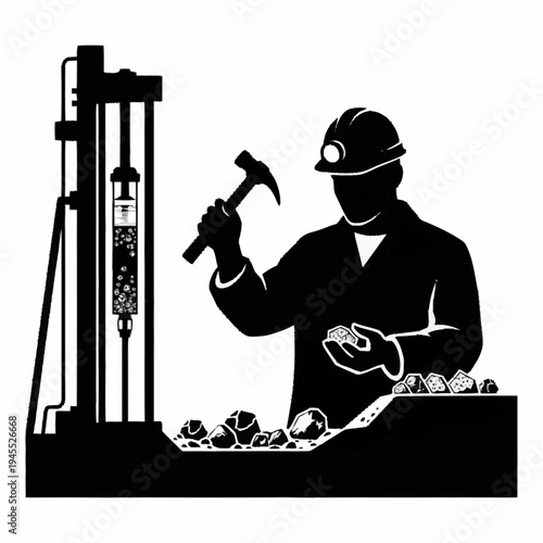 Miner working with drilling machine and precious stones.