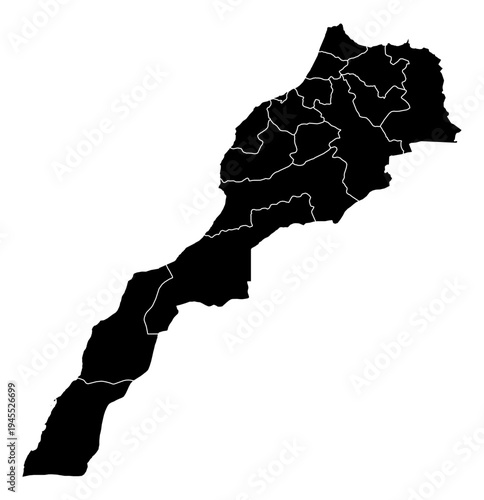 Morocco black fill with white state borders map vector graphic illustration geography silhouette shape national border design isolated transparent background political territory cartography atlas eps