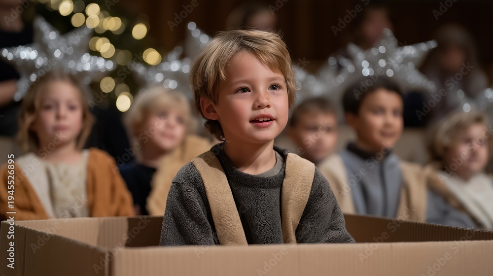 Obraz premium Children's Christmas pageant in church fellowship hall, cardboard stable and tinfoil stars, parents filming on phones, kid angels with crooked halos, perfect for holiday tradition and contemporary