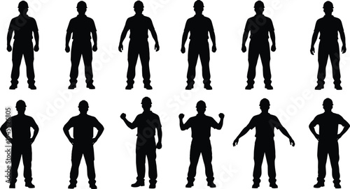 Set of male human silhouette poses standing in different positions isolated on white background, full body black shadow figures collection for people, character, posture reference design