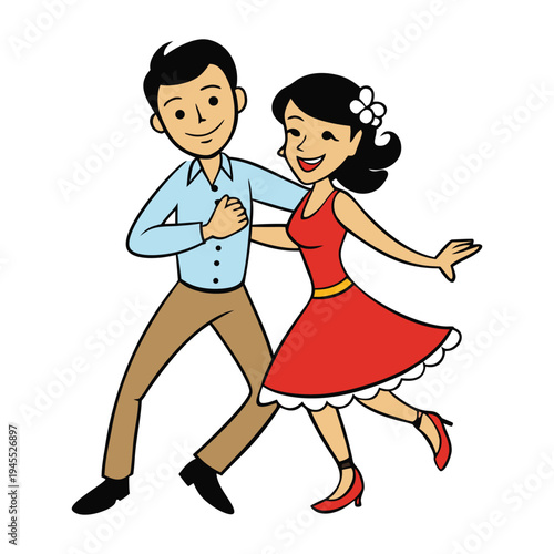A young couple moves in perfect rhythm, spinning and stepping with passion as vibrant salsa music fills the air, their energy, smiles, and connection lighting up the dance floor.
