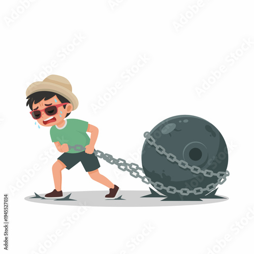 Burden Man Dragging Heavy Ball and Chain Cartoon Style
