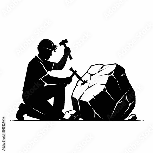 Silhouette of a miner or sculptor working on a large rock.