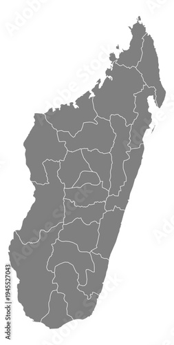 Madagascar grey fill with white state borders map vector graphic illustration geography silhouette shape national border design isolated transparent background political territory cartography atlas