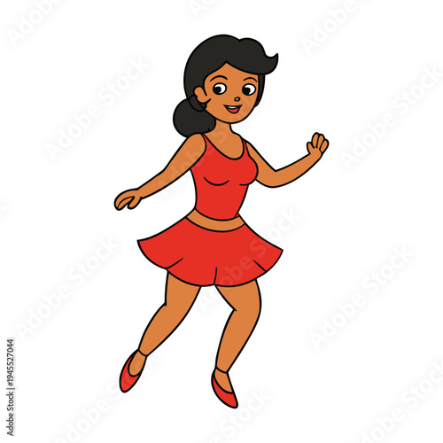 A young woman dances salsa with vibrant energy, her steps quick and graceful. Her flowing dress swirls as she moves to the rhythm, radiating confidence, joy, and passion on the floor.
