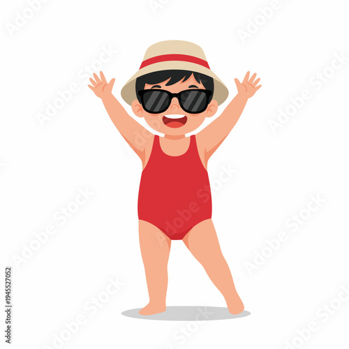 Boy Wearing Hat and Sunglasses with Arms Raised