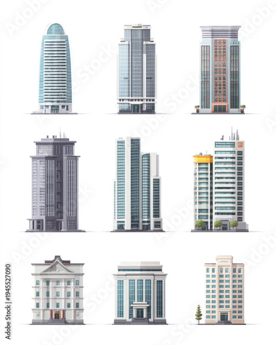 Collection of modern city skyscrapers and buildings.