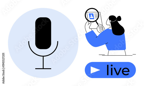 Podcast concept. Podcast tools thumbs up microphones and live streaming with interactive audience engagement. Podcasting is central for audio content creation. For media, education, branding