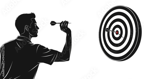 Man throwing dart at dartboard aiming for bullseye target.