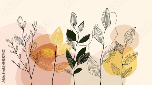 Decorative Illustration of Stylized Leaves in Soft Colors and Abstract Shapes for Modern Decor